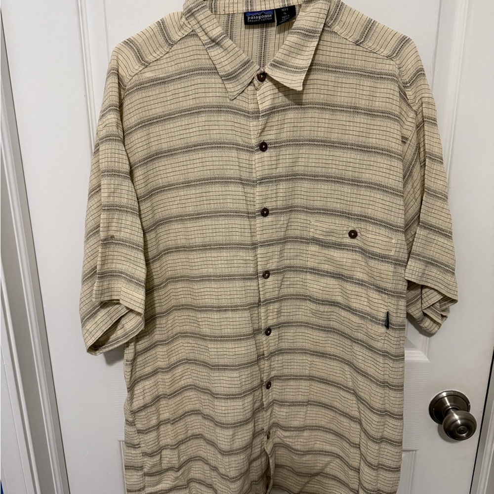 Patagonia Casual Button Down Shirt Sz XL Beige Tan Organic Cotton Sheer Boho
